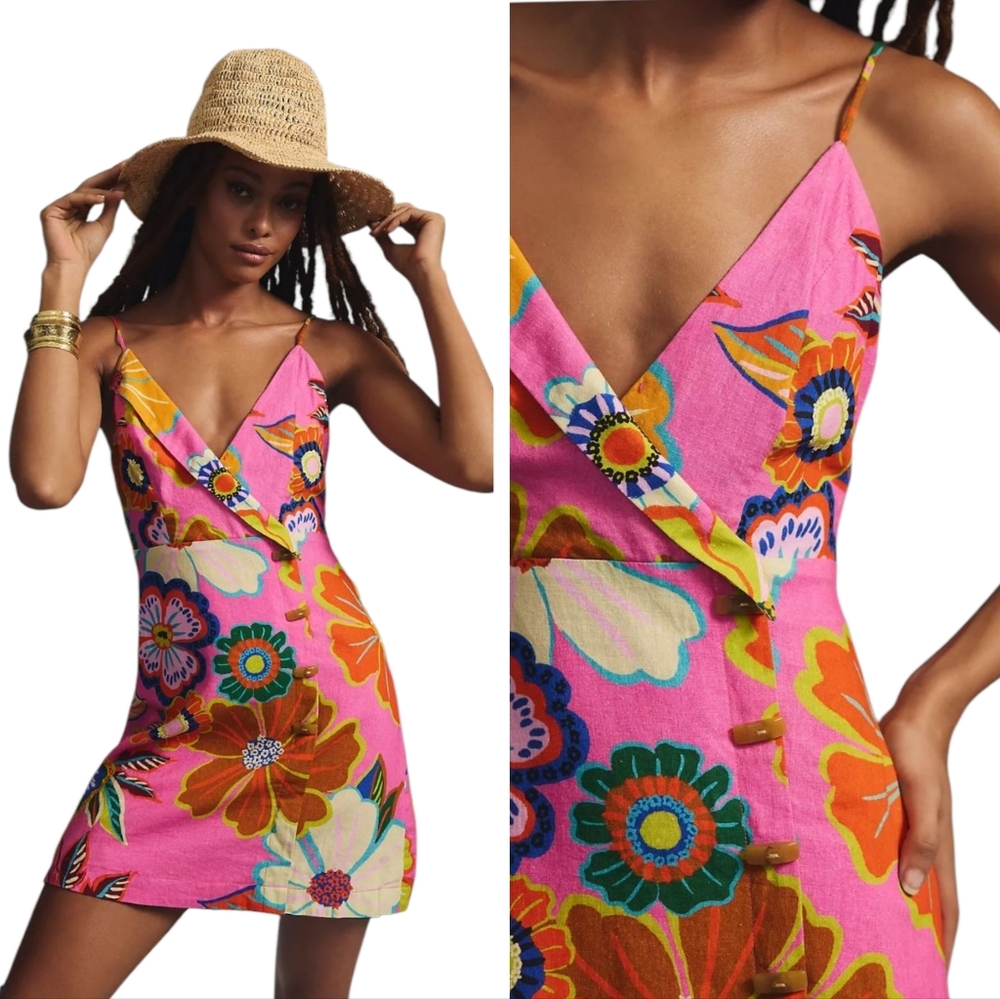 Farm Rio Garden Mini Dress Faux Wrap Pink Linen Blend Bright Neon Colorf… - Picture 4 of 17